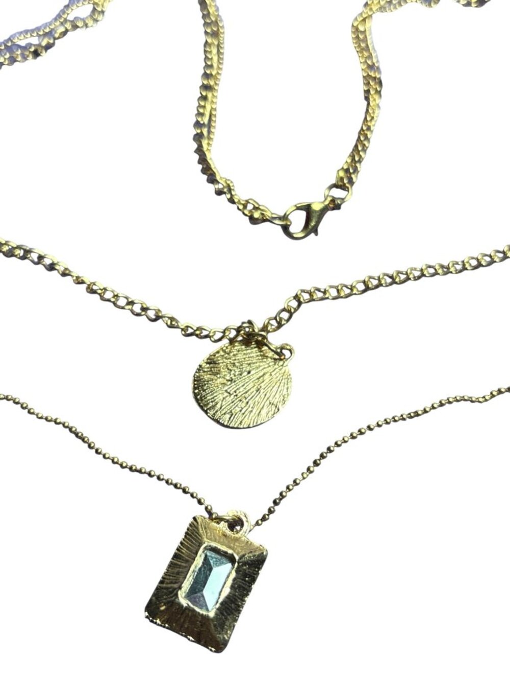 Goldtone 2 Strand Chain Necklace Textured Coin Rectangle Rhinestone - Picture 3 of 3